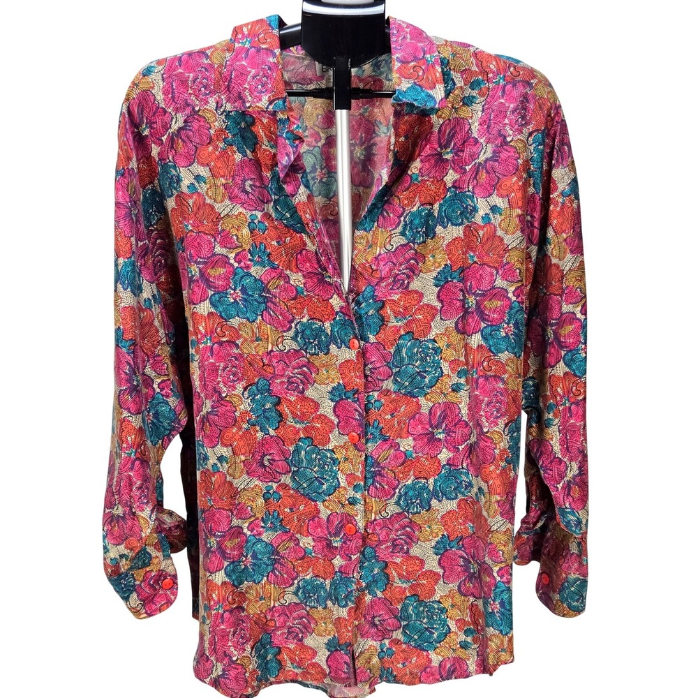Women's Mary Jo Bruno Small 100% Silk Floral Paisley Button Up Art Blouse VTG
